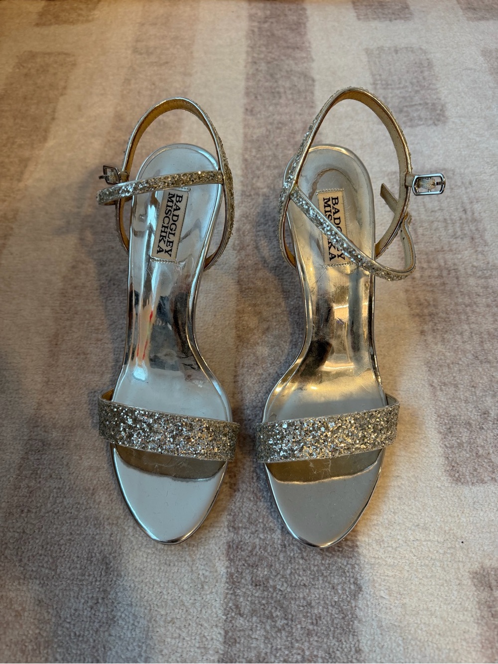 Badgley Mischka Silver Glitter Ankle-Strap Heels